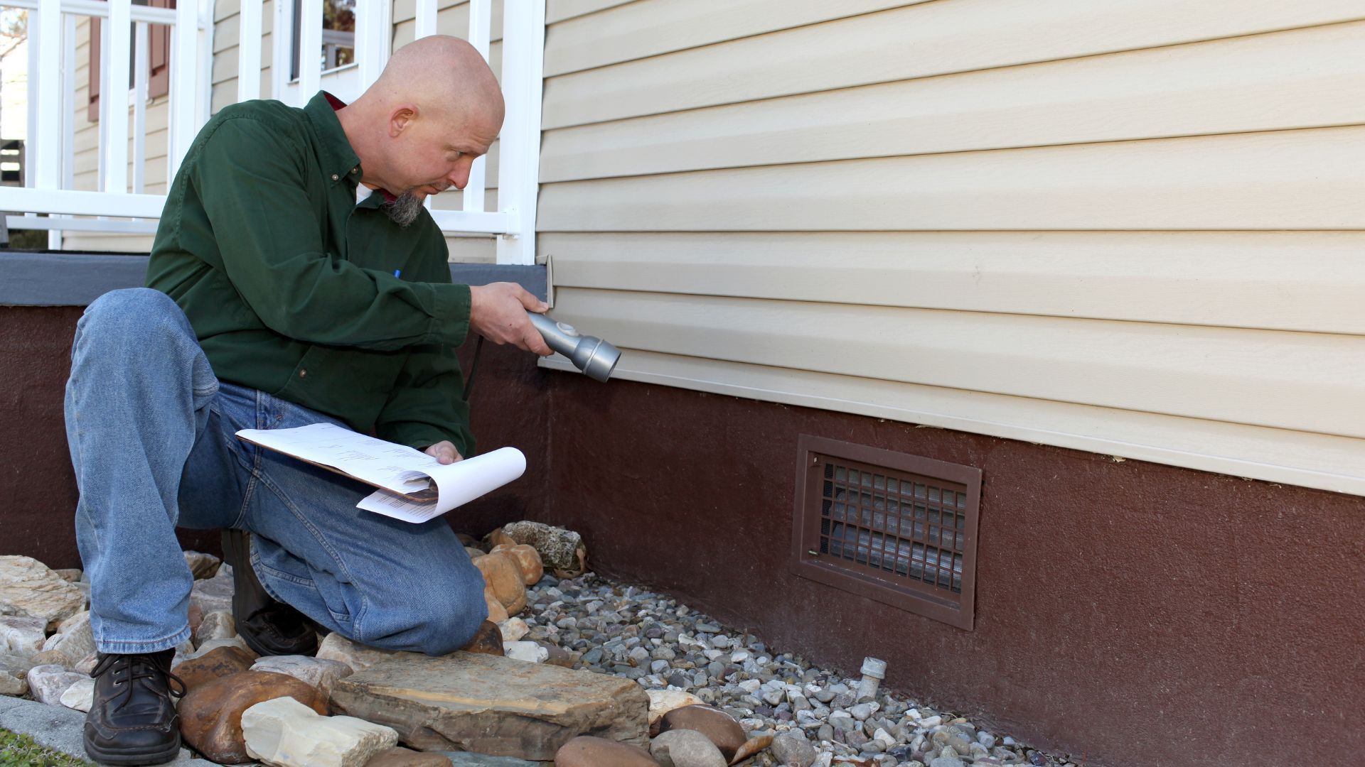 A man is kneeling down in front of a house looking at a piece of paper.