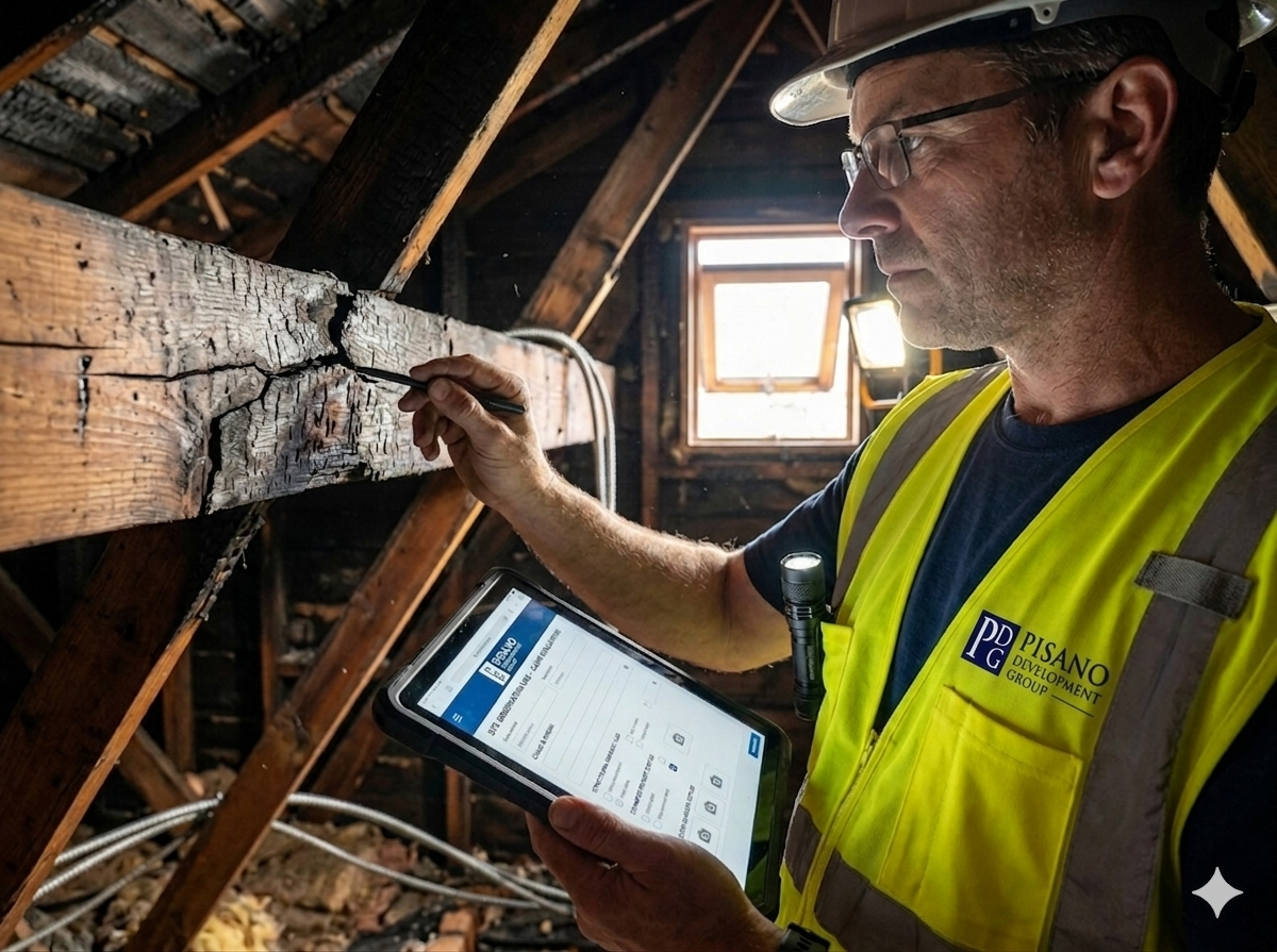 A professional in a high-visibility vest inspects a cracked wooden beam in an attic using a tablet.