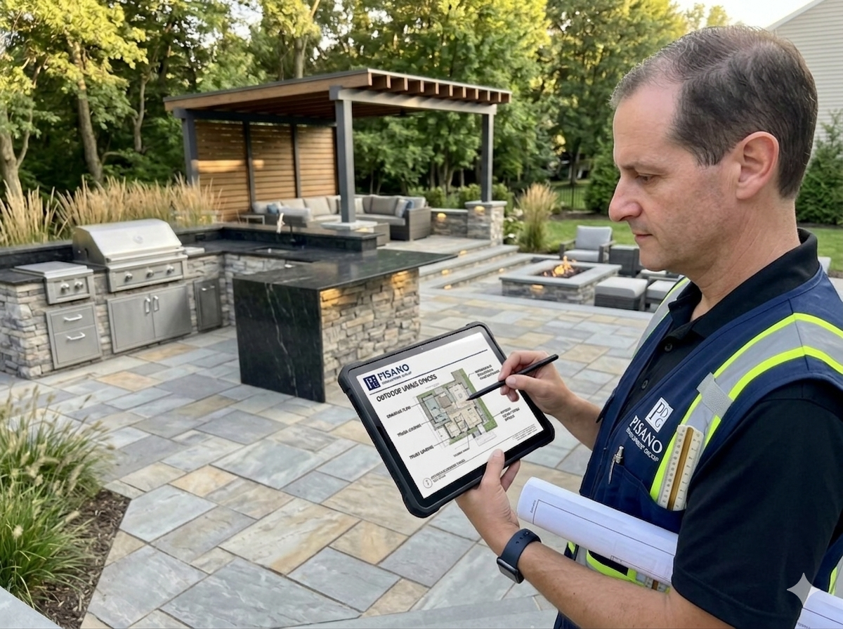A professional in a high-visibility vest reviews a digital plan on a tablet at an outdoor patio with a luxury grill area.