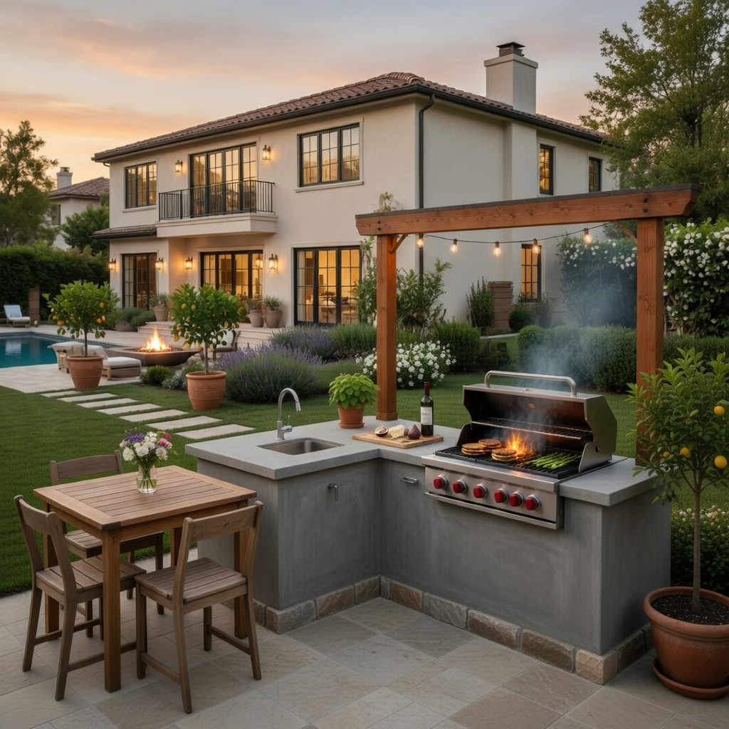 A luxury backyard patio features an L-shaped outdoor kitchen with a grill and dining set, overlooking a pool and house.