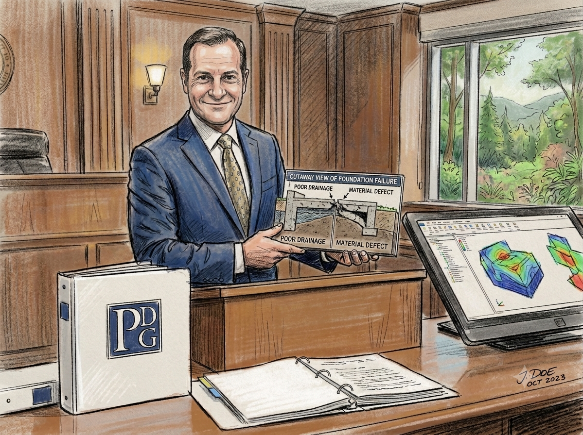 Man in a blue suit holding a plaque in a wood-paneled office beside a laptop showing a colorful map