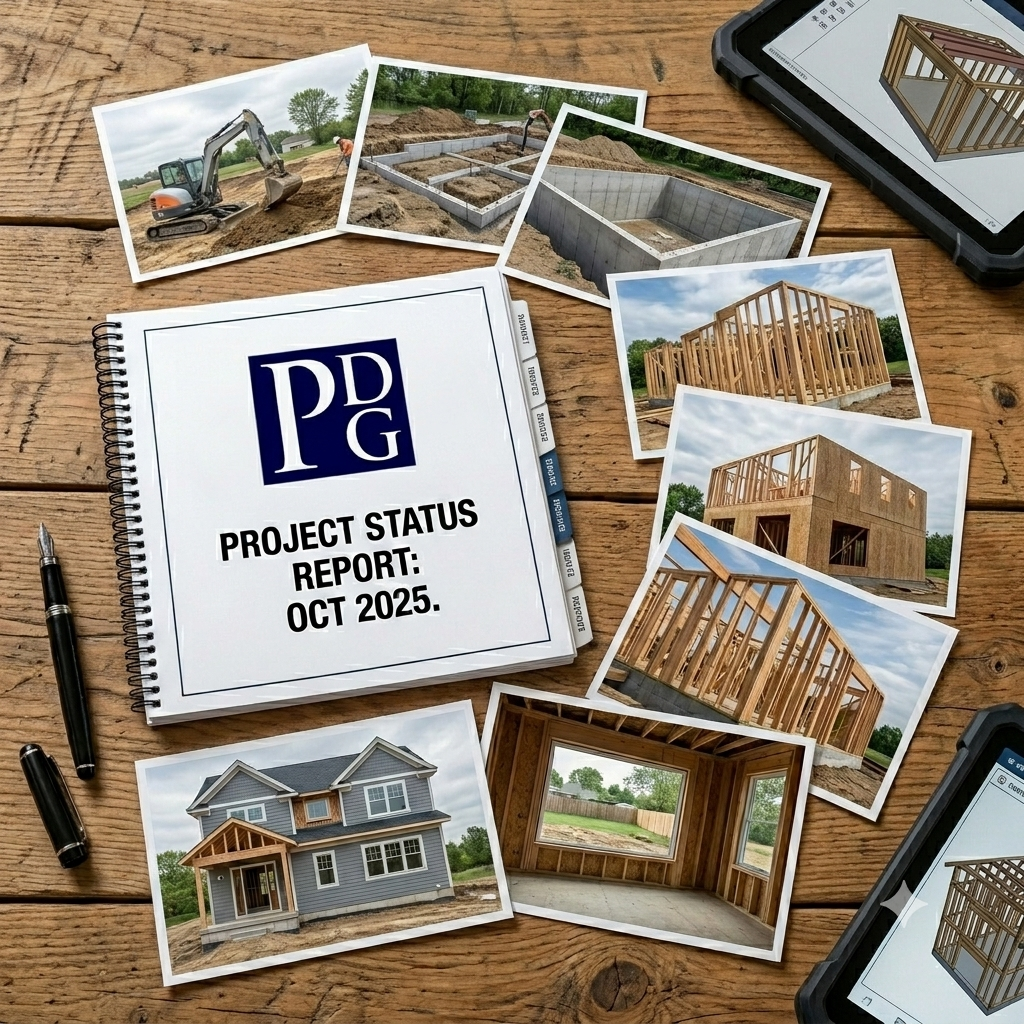 Project status report cover with construction site photos and house renderings on a wooden desk