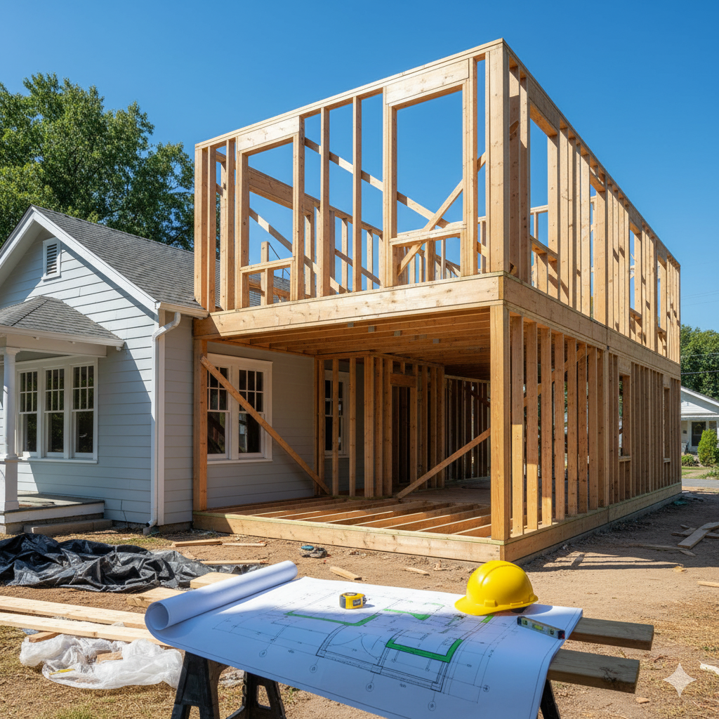 House under construction with new frame attached to existing structure. Blueprints and a hard hat are on a table in front.