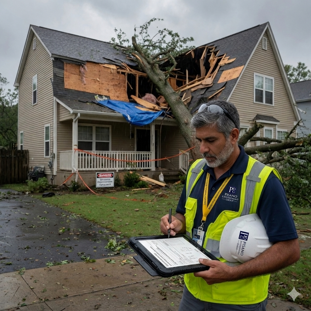 A worker in a high-visibility vest documents structural damage to a house caused by a fallen tree.