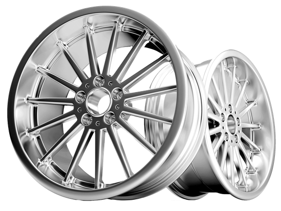 Two chrome alloy car wheels, angled slightly towards the right, with a radial spoke design.