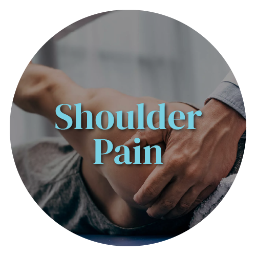 A person is laying on a bed with shoulder pain written on it.