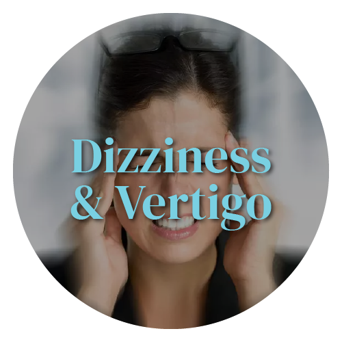 A woman is holding her head in a circle with the words dizziness and vertigo written on it.