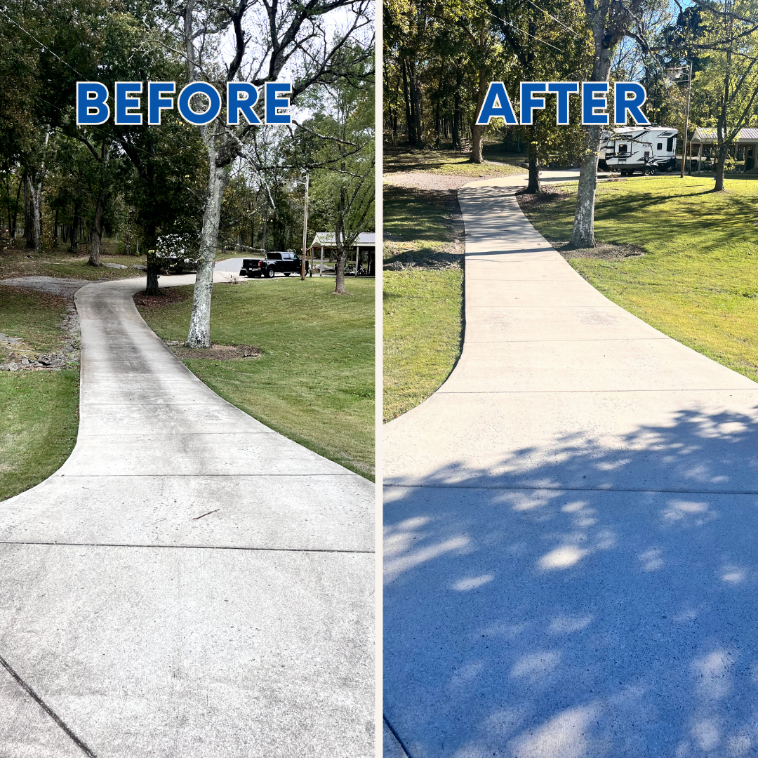A before and after photo of a concrete driveway.