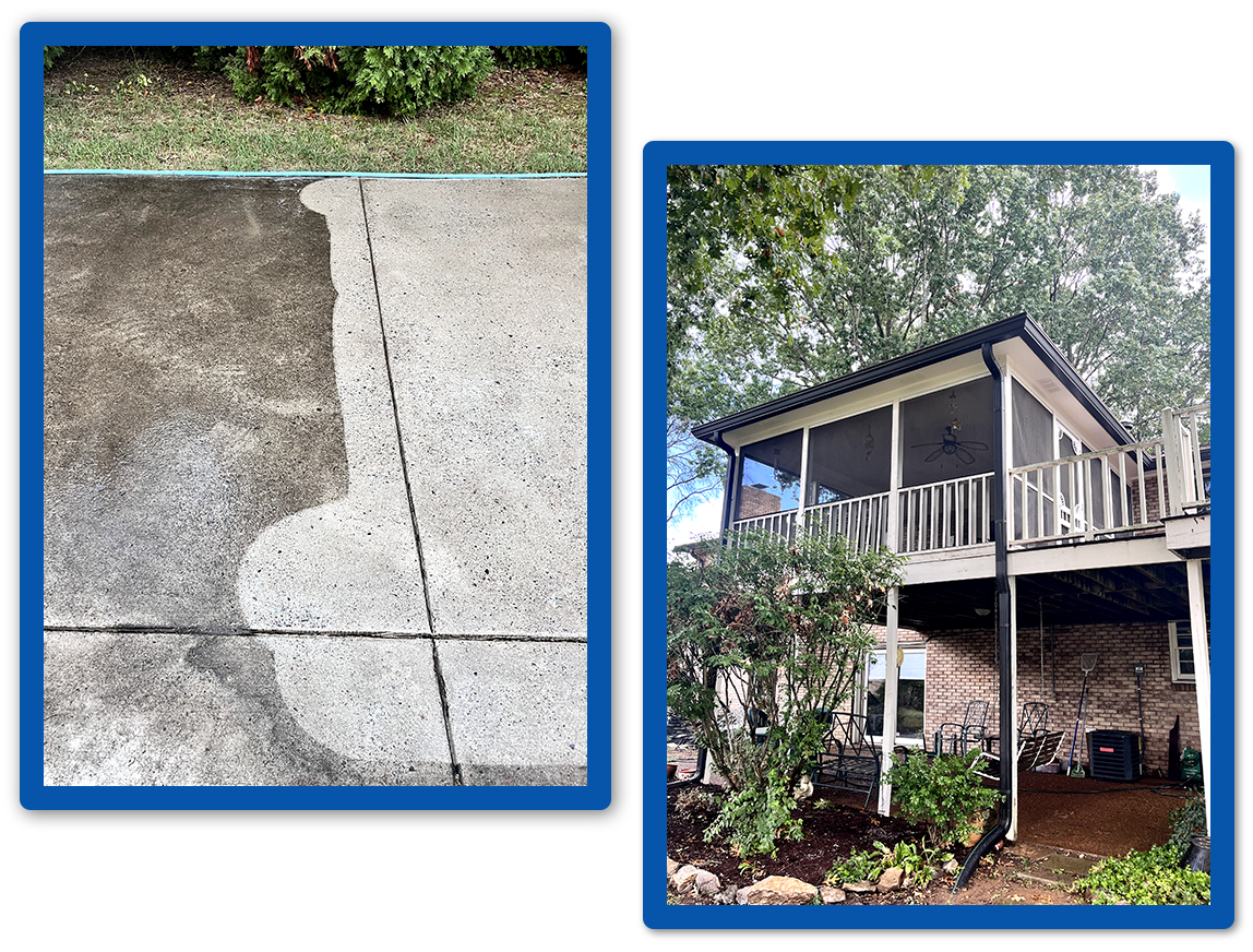 A before and after photo of a concrete driveway.