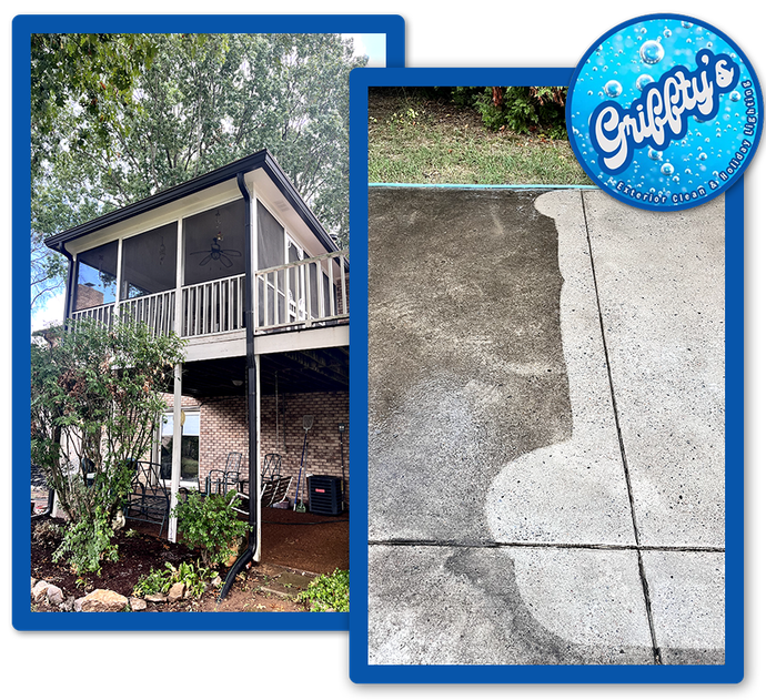 A picture of a house with a screened in porch and a picture of a dirty sidewalk.
