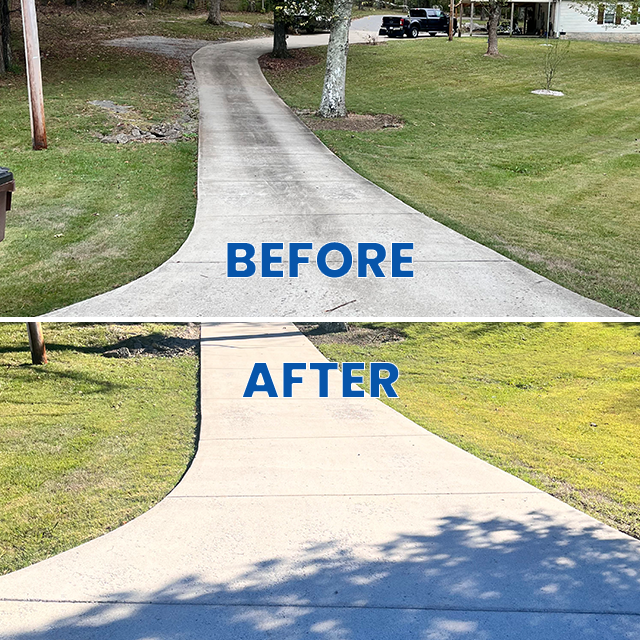 A before and after photo of a concrete driveway