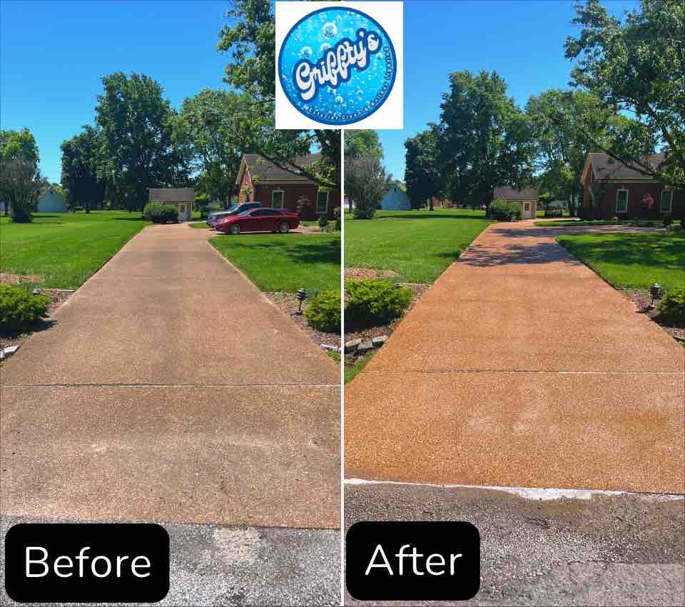 A before and after photo of a concrete driveway.