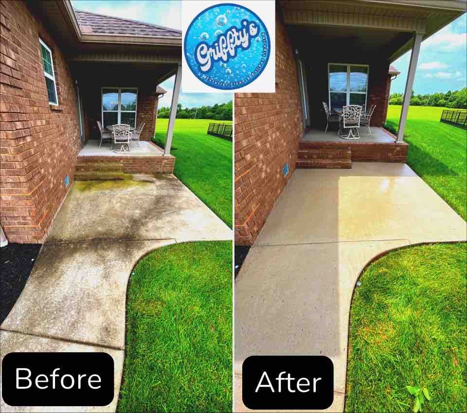 A before and after picture of a concrete driveway.