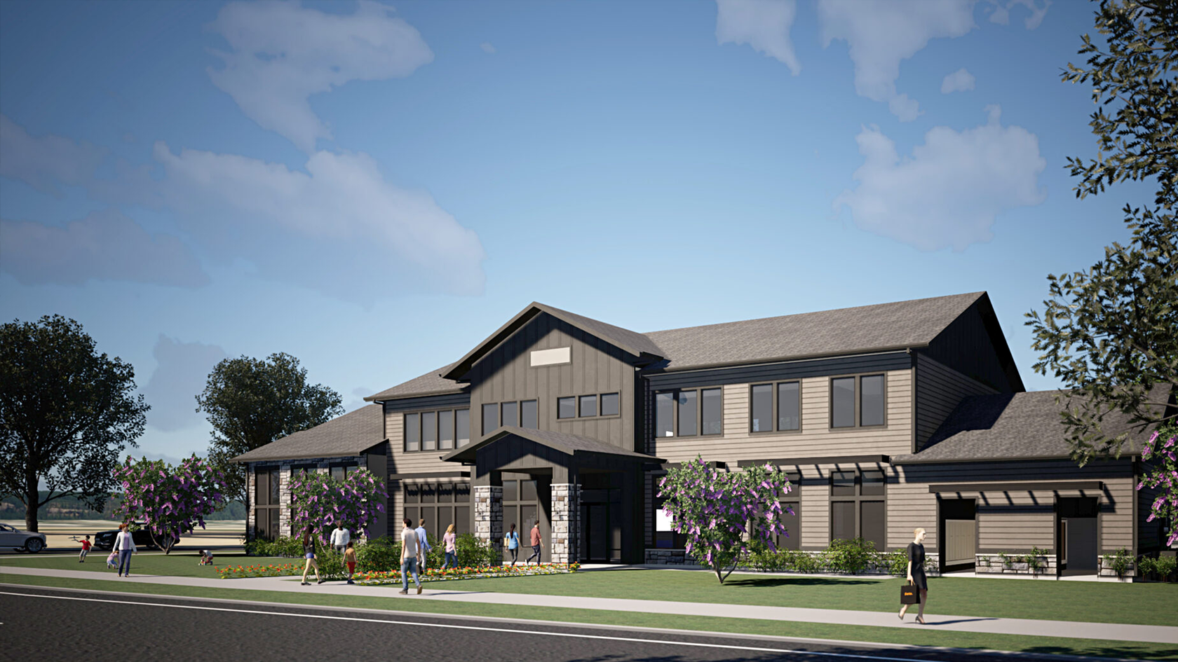 An architectural rendering of a modern, two-story office building with wood-paneled siding and stone accents.
