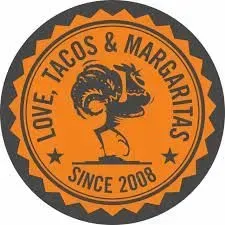 Round orange logo with rooster, text 