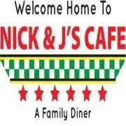Nick & J's Cafe logo. Red text on white, checkered green and yellow border, red stars, reads 