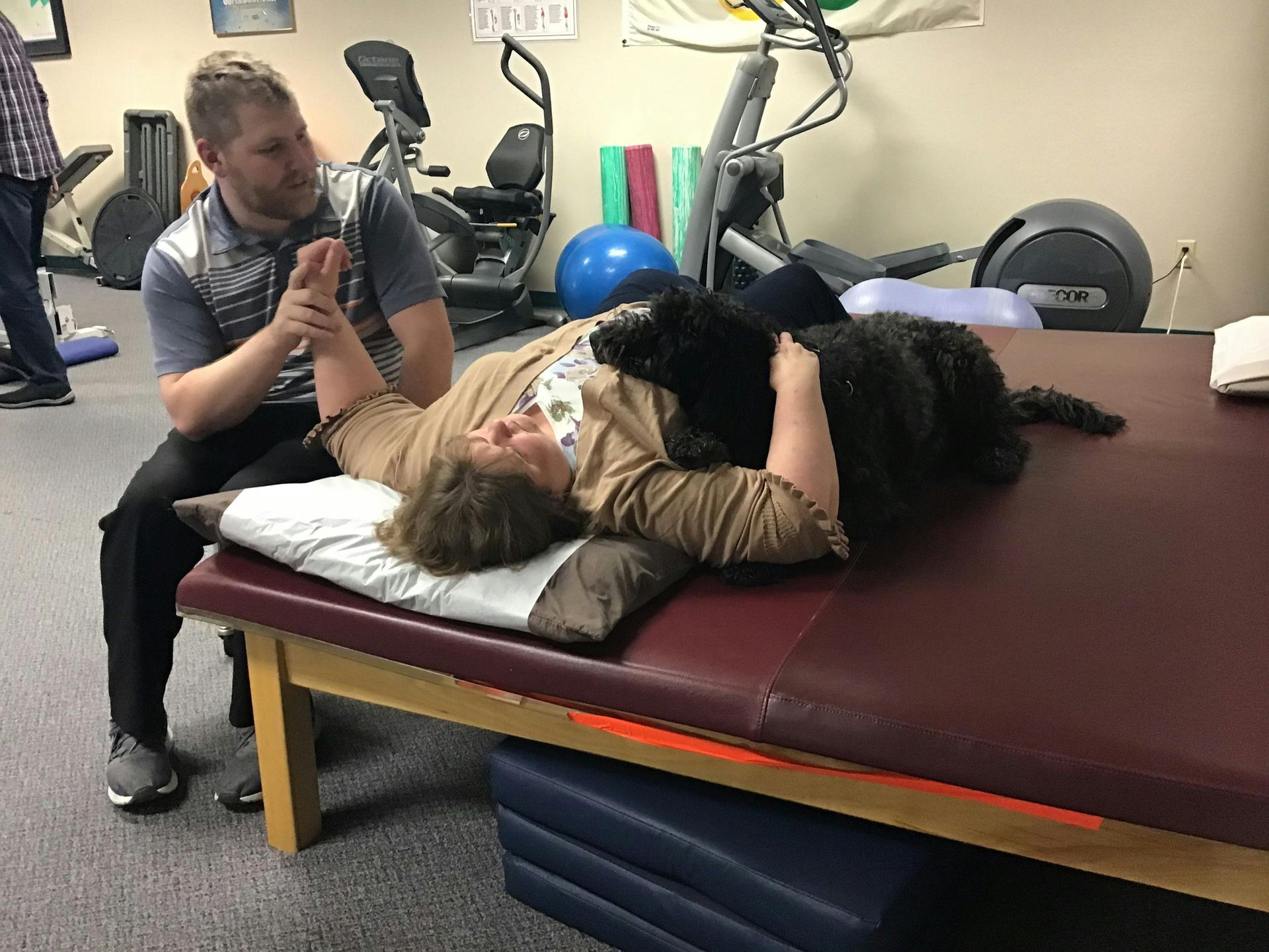 Person giving a treatment to a dog on a padded table in a veterinary clinic.