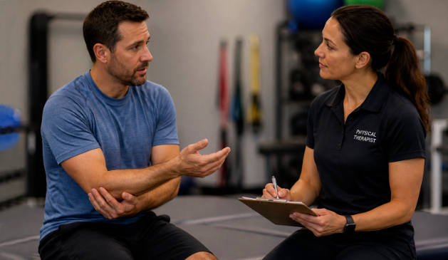 Two people seated in a gym, talking while one holds a clipboard and the other gestures.
