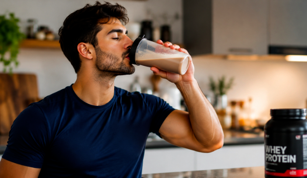Man in blue shirt drinking a whey protein shake in a kitchen, with a protein container on the counter