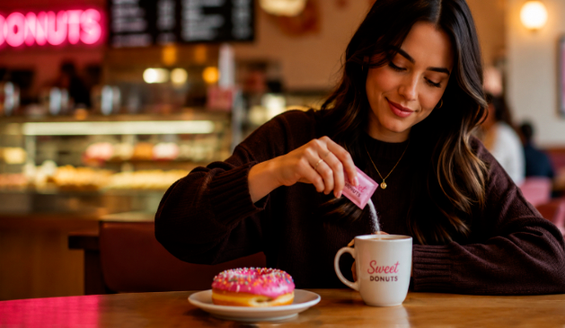 Woman at a café table sprinkling pink sugar on a donut beside a coffee mug
