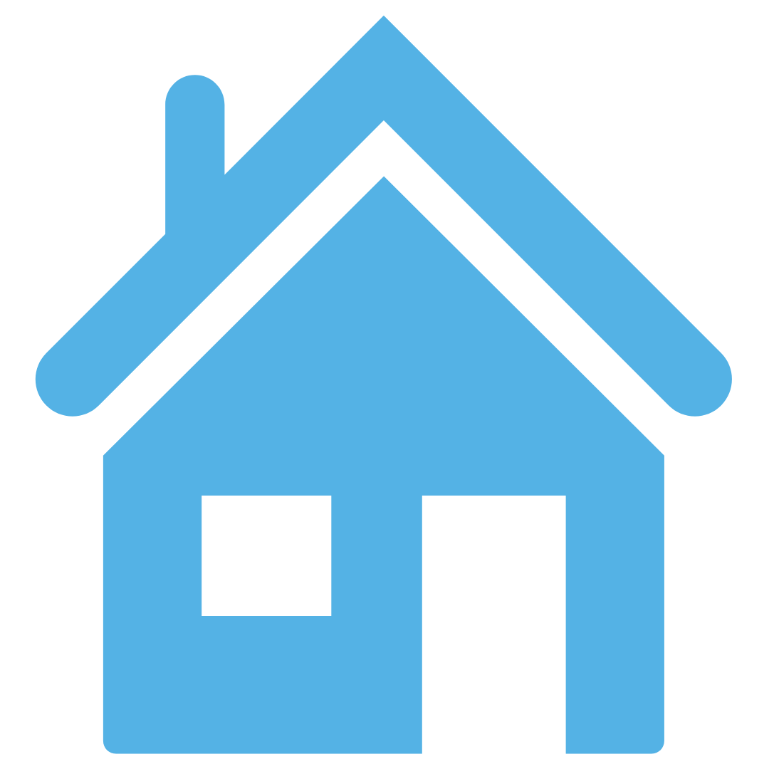 A blue house with a white roof and two windows.