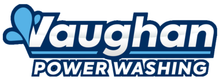 The logo for vaughan power washing is blue and white.