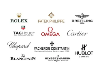 Luxury watch brand logos on a white background, including Rolex, Patek Philippe, Breitling, Tag Heuer, Cartier, and Hublot
