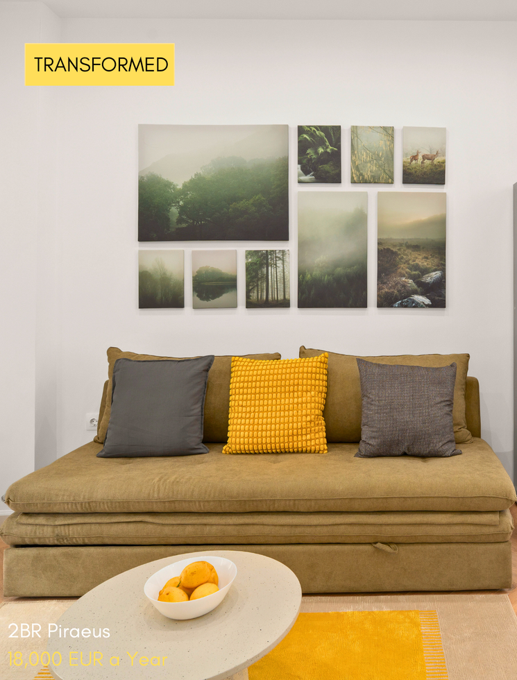 Framed art gallery wall in a Cheez Hospitality transformed serviced apartment in Athens