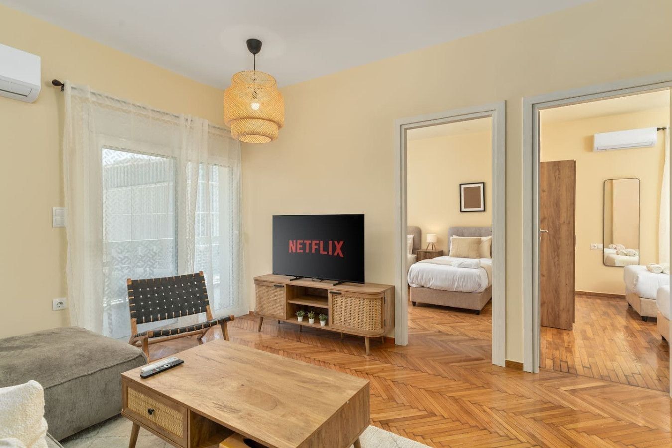 Furnished living room in an apartment Cheez operates in Koukaki, Athens