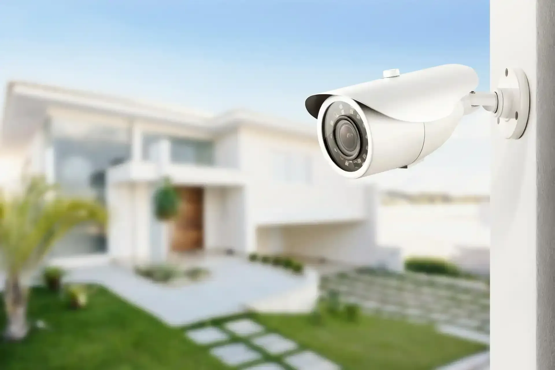 Telecamera di sicurezza montata su una parete bianca che si affaccia su una moderna casa bianca con un prato verde.