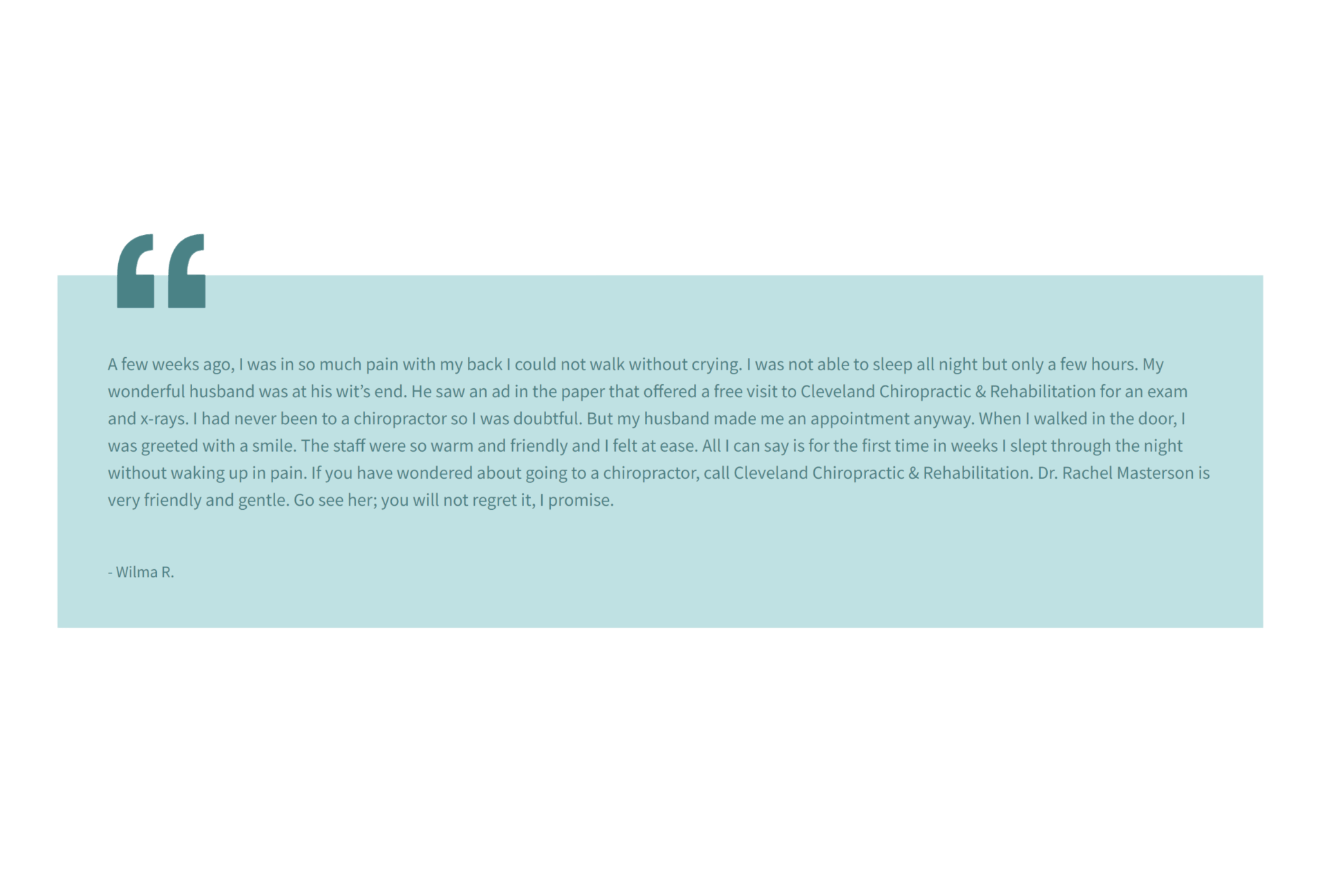 Quote in teal box with quote marks, text and name
