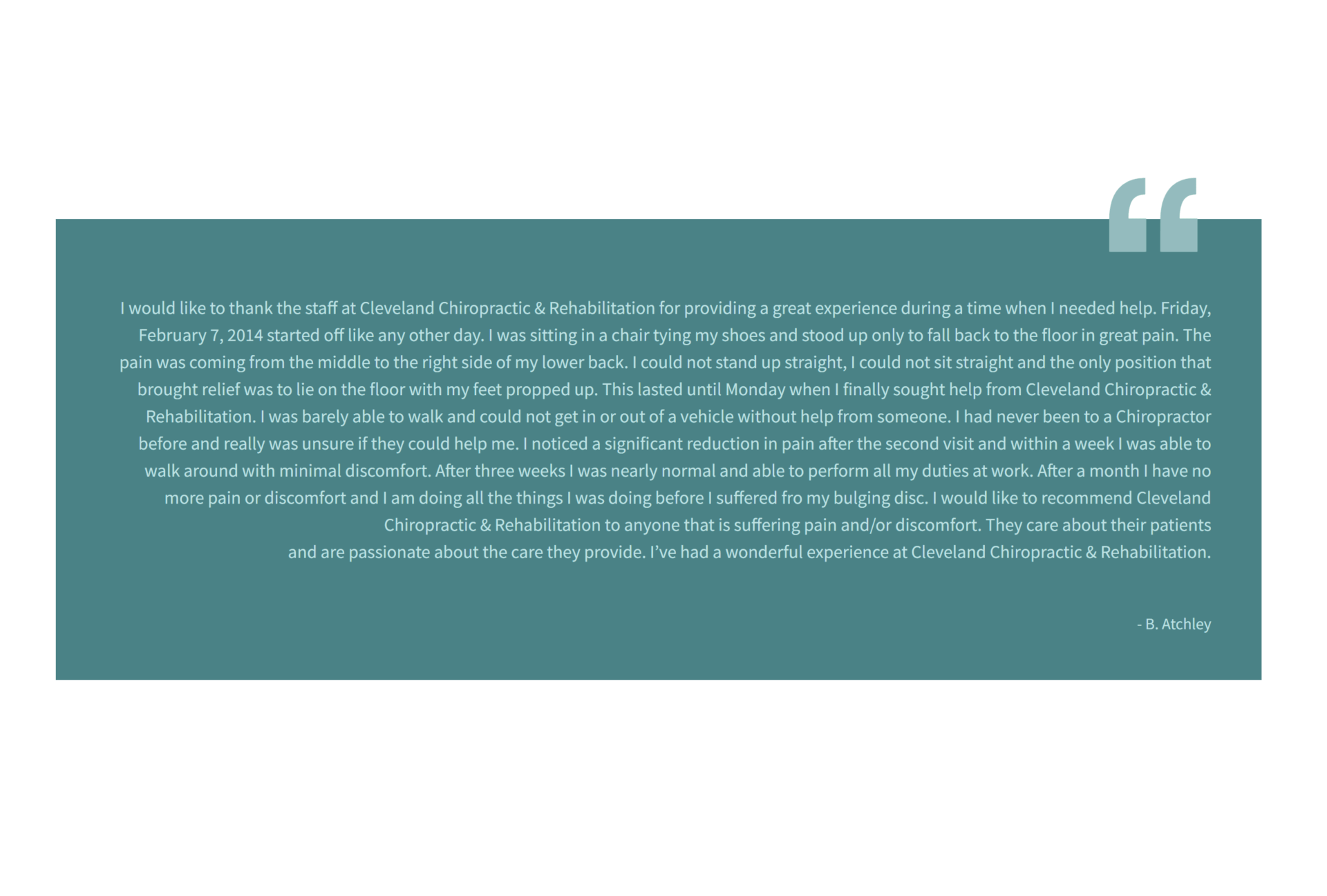 Quote in a teal rectangle, with gray quote marks, white text.