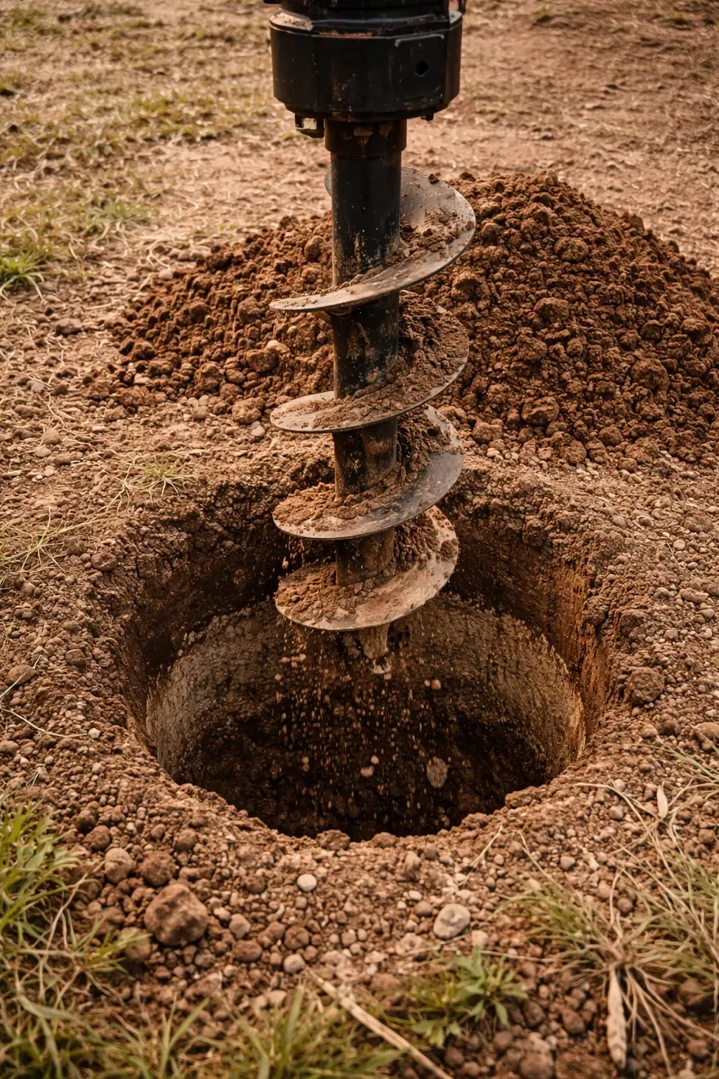 Close-up view of an auger drilling a post hole in Toowoomba, QLD