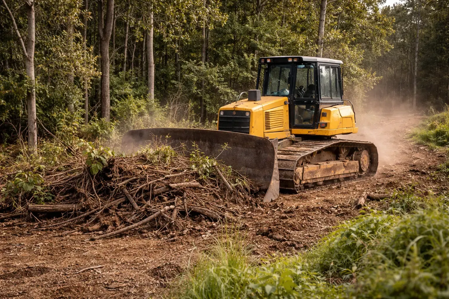 A yellow bulldozer clearing a rural block in Toowoomba