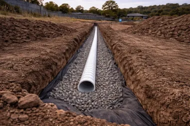 Long drainage trench with freshly laid ag line on a property at Helidon, QLD