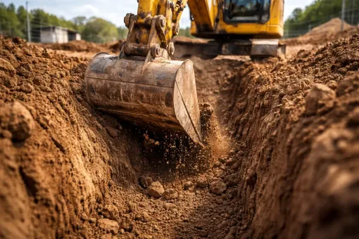 A yellow excavator bucket digging a trench