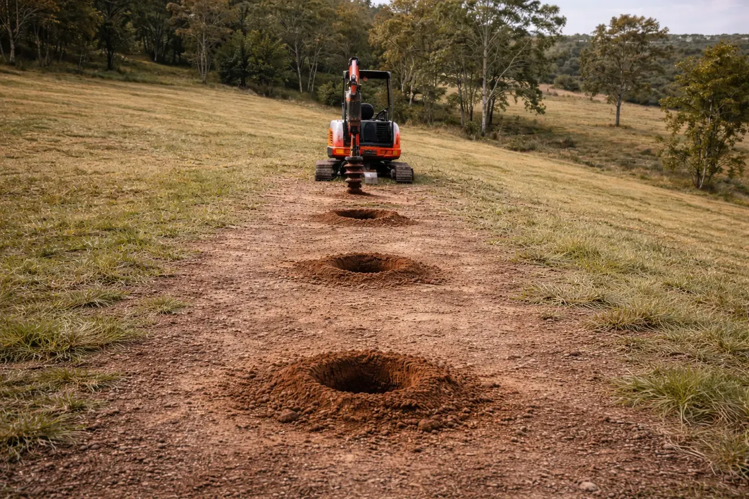 Excavator making post holes on a farm in Cooyar, QLD