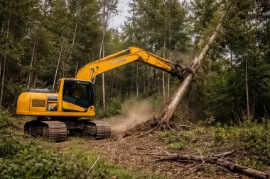 Yellow excavator clearing trees in a forest clearing near Esk, QLD
