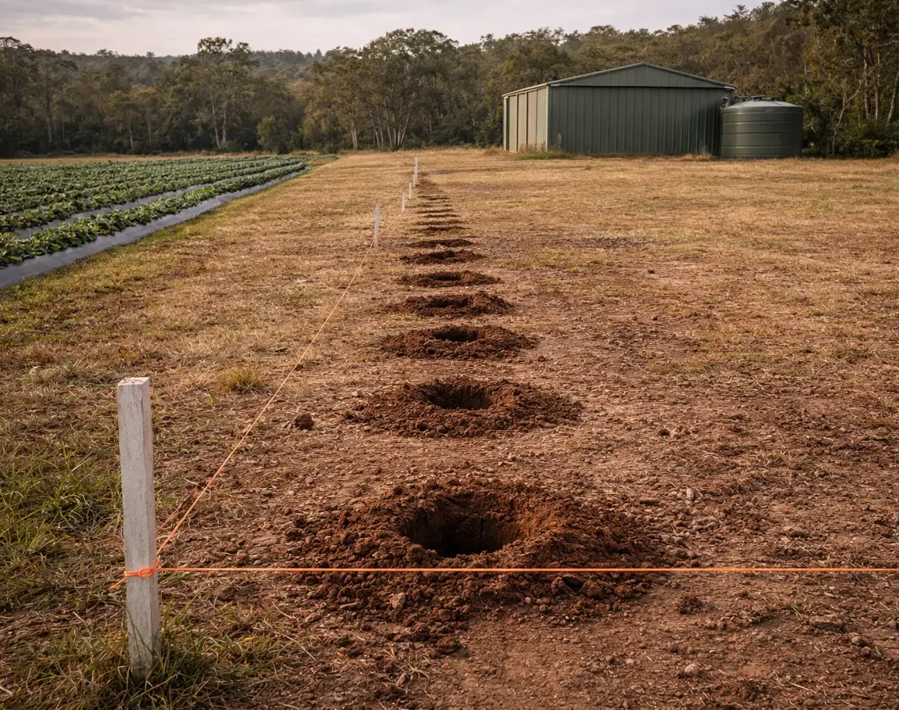 A straight line of post holes ready for a new fence on a farm near Laidley