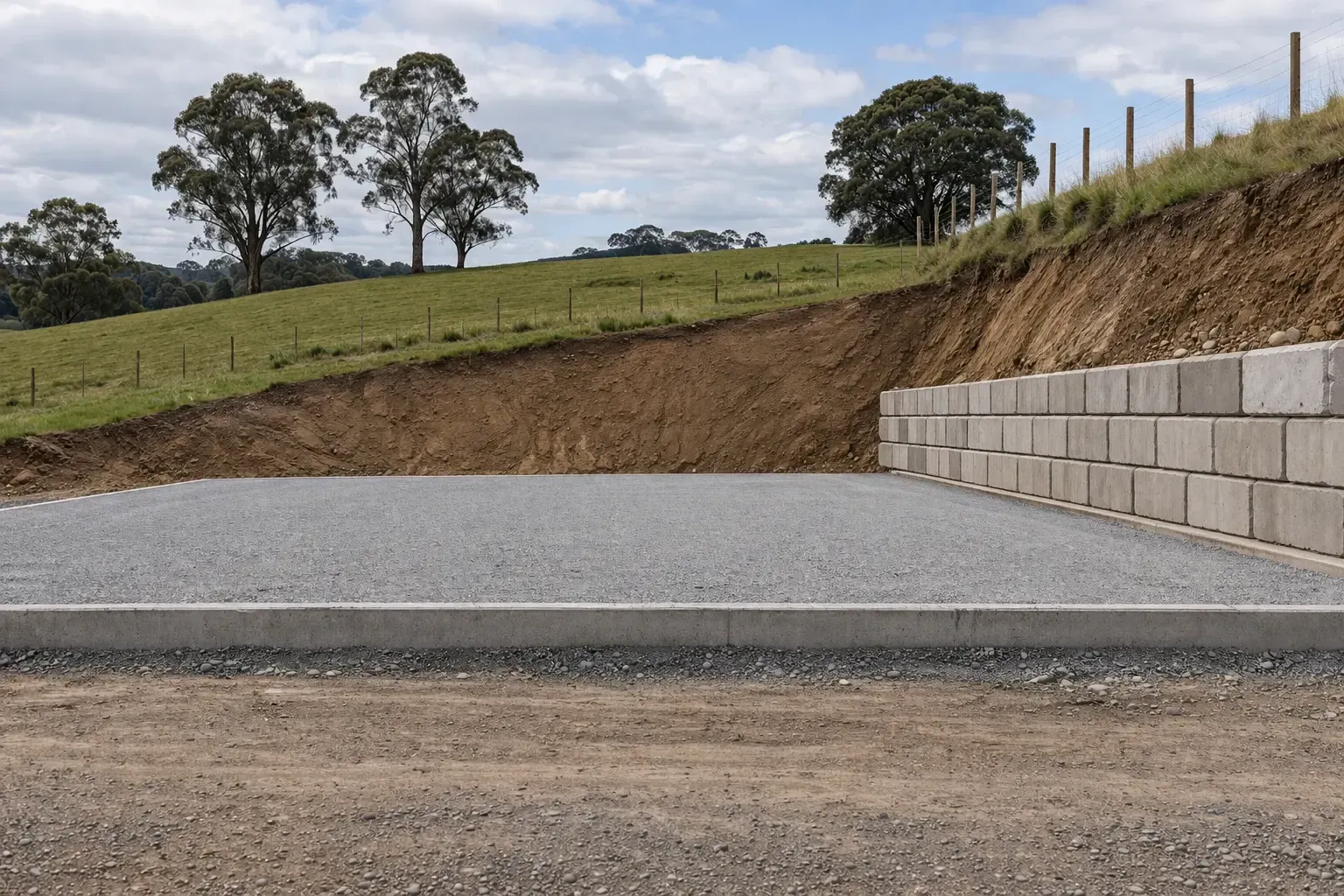 Deep site cut for a shed pad with retaining wall near Warwick, QLD