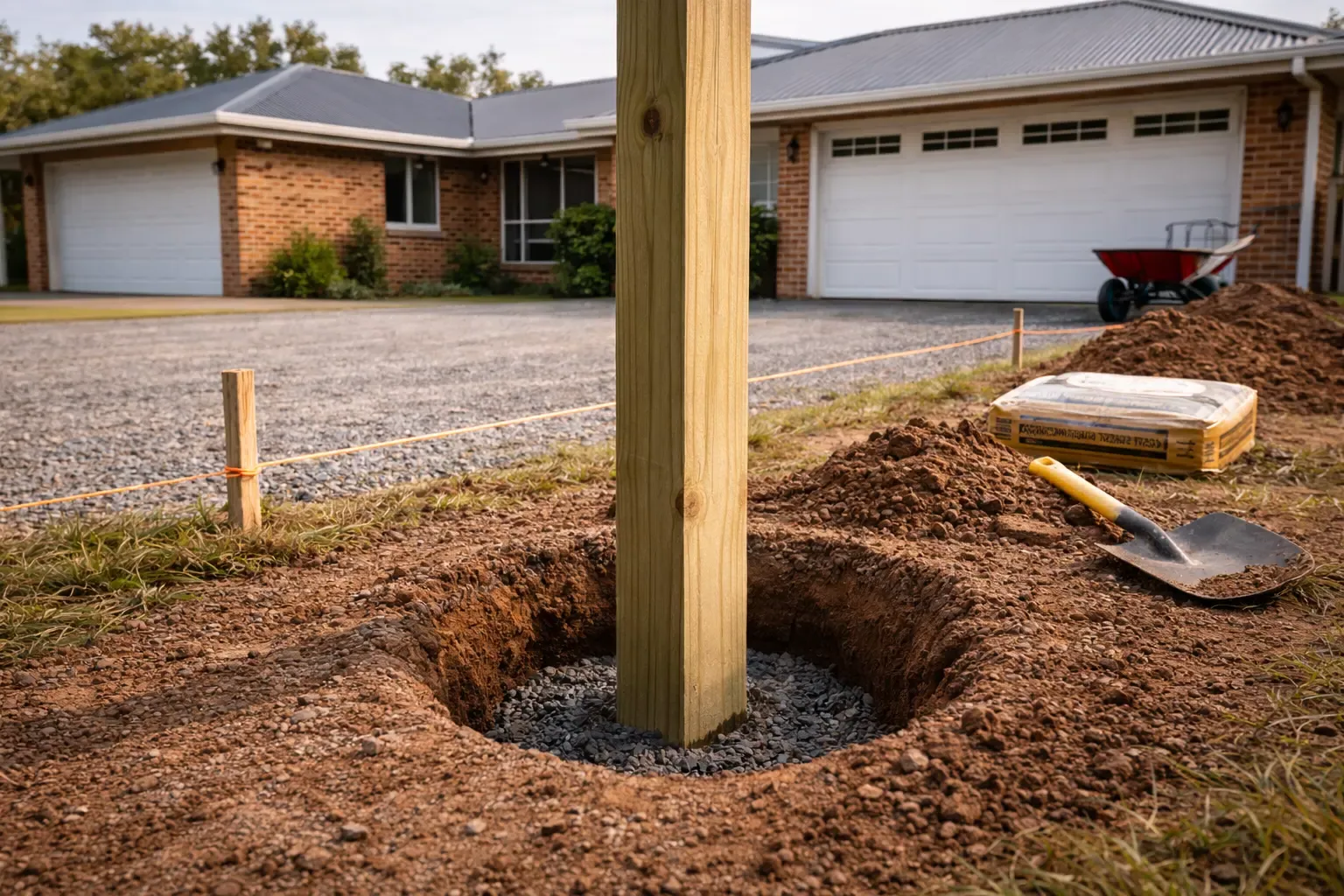 A timber post in a post hole. Preparing to build a carport in Kearney's Spring, Toowoomba