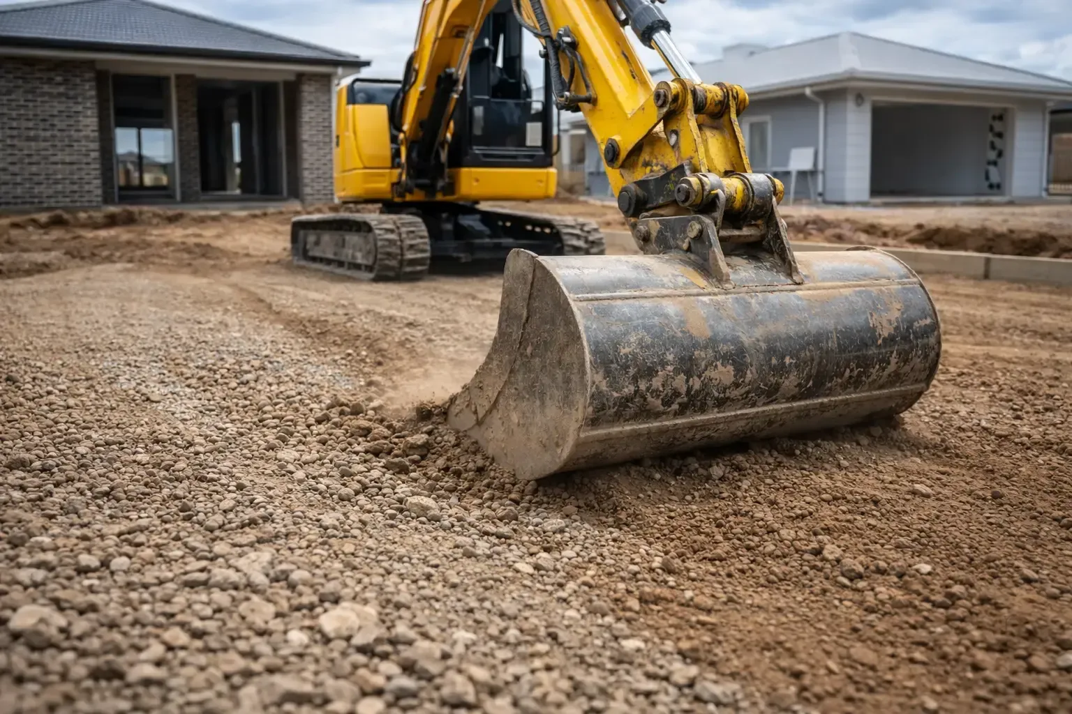 Close-up shot of a excavator bucket during a residential driveway preparation in Highfields, Toowoomba