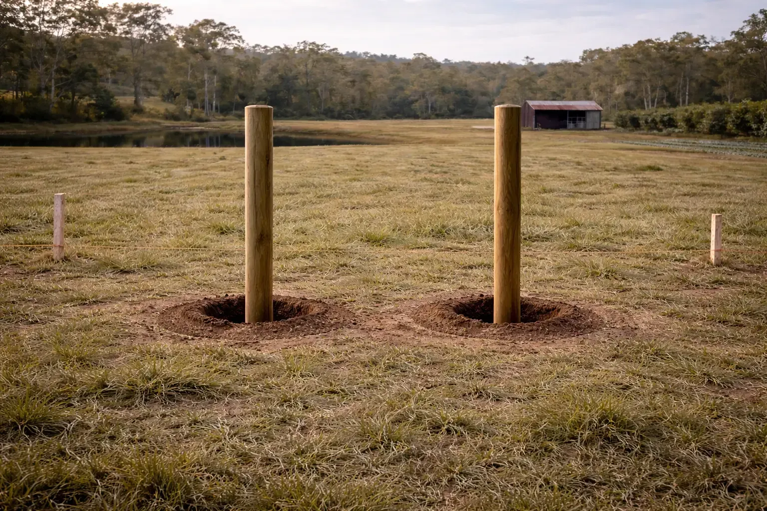 Post holes with timber posts, centred in the image on an open farm in the Darling Downs