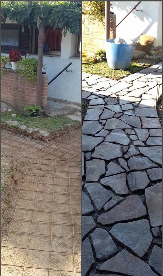 Confronto tra due sentieri affiancati: a sinistra un sentiero sterrato e fangoso, a destra un sentiero lastricato in pietra accanto a una casa.