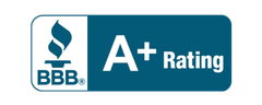 The bbb logo is blue and white and says a + rating.