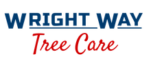The logo for Wright Way Tree Care is blue and red.