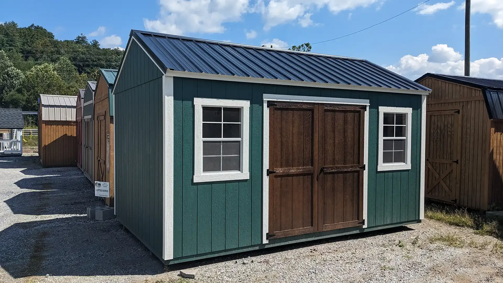 Green shed with white trim, brown doors, windows, and blue metal roof outdoors under a sunny sky.
