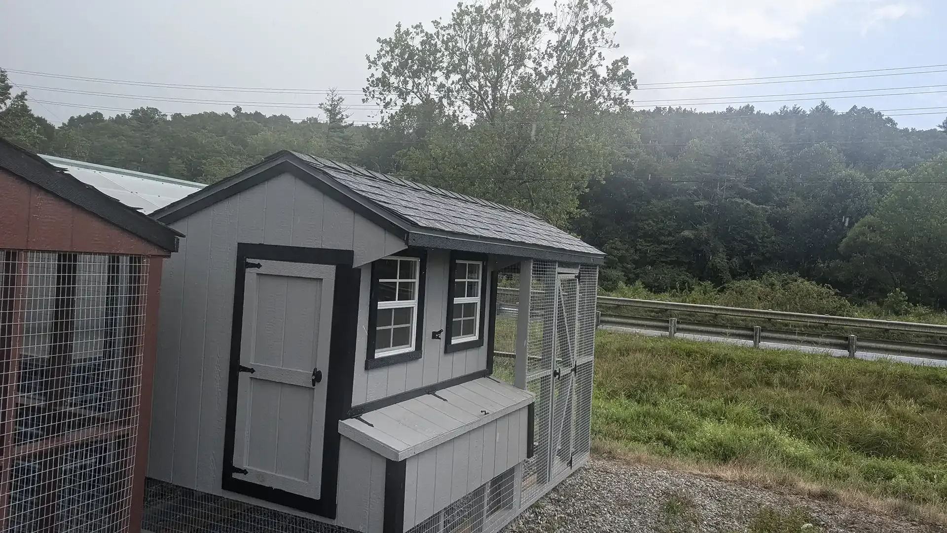 Gray and white chicken coop with black trim, door, windows, and roof; next to greenery and fence.