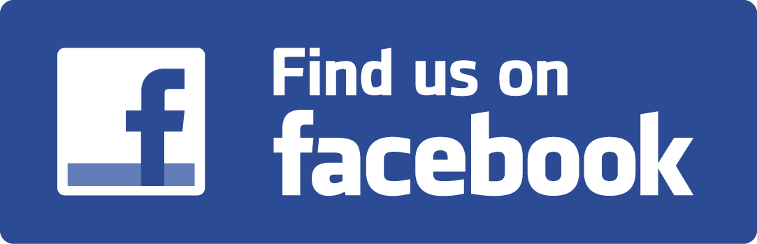 Facebook logo with “Find us on Facebook” text on a blue background