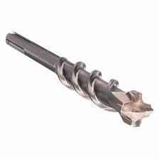 A close up of a drill bit on a white background.
